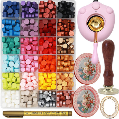 Frame Wax Stamp Kit, Electric Wax Seal Warmer Set with 624Pcs Sealing Waxs Beads, 3D Embossed Frame Relief Carve Stamps Waxing, Gold Pen, Tweezer (Set03)