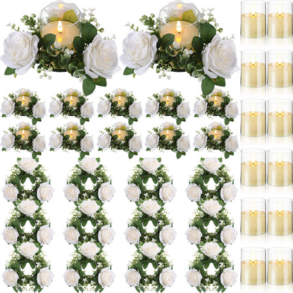 Yunlly 12 Pcs Rose Candle Rings with Flameless Candles Sets, Artificial Flower Eucalyptus Wedding Centerpiece 3 Inch Pillar Candleholders Wreaths for Wedding Party Mother's Day (White)