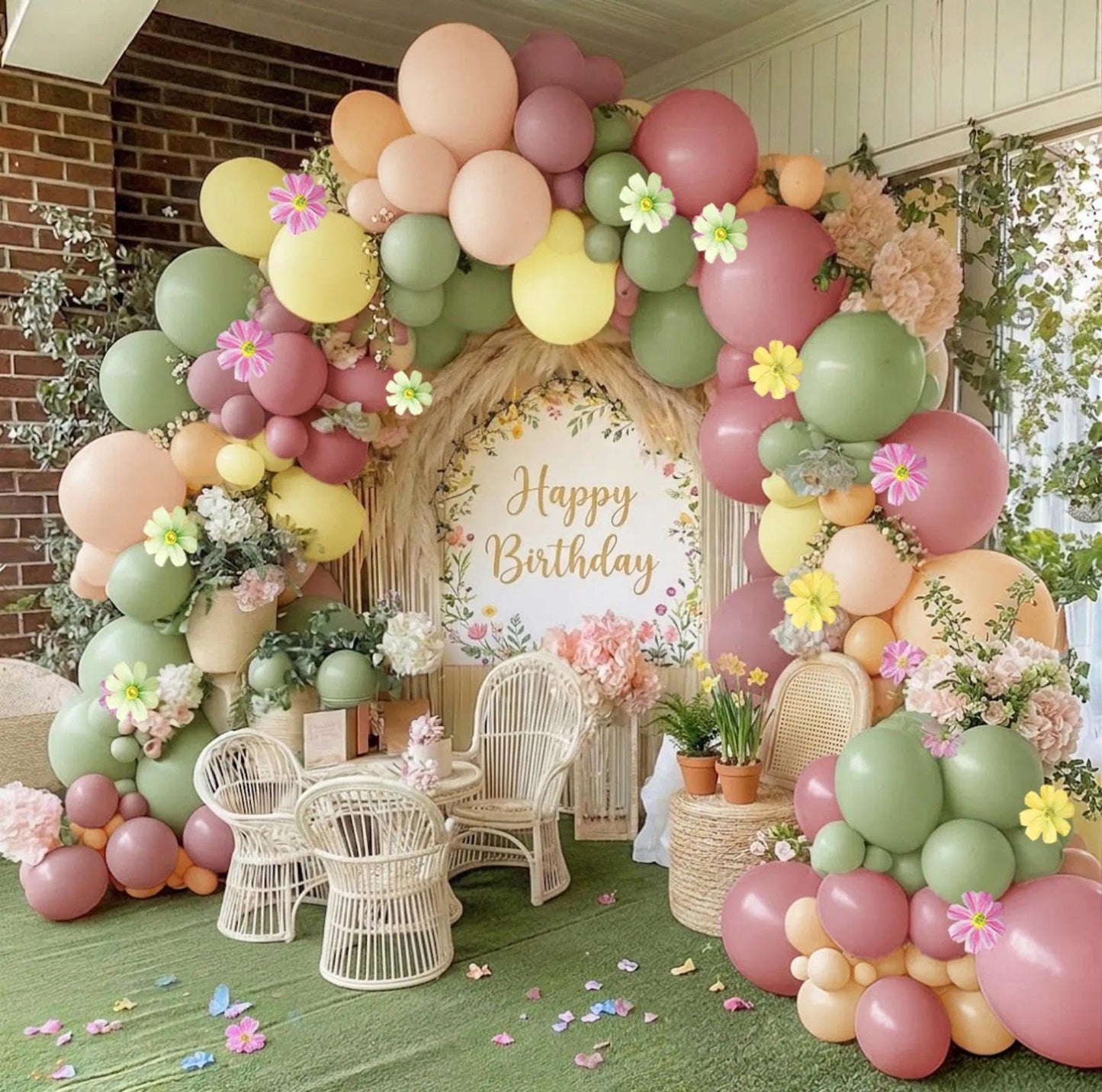 Pastel Pink Yellow Green Balloon Arch with Artificial Flower Double Stuffed Dusty Green Pink Peach Mauve Balloon Garland Kit for Tea Party Wildflower Spring Birthday Baby Shower Fairy Party Decor