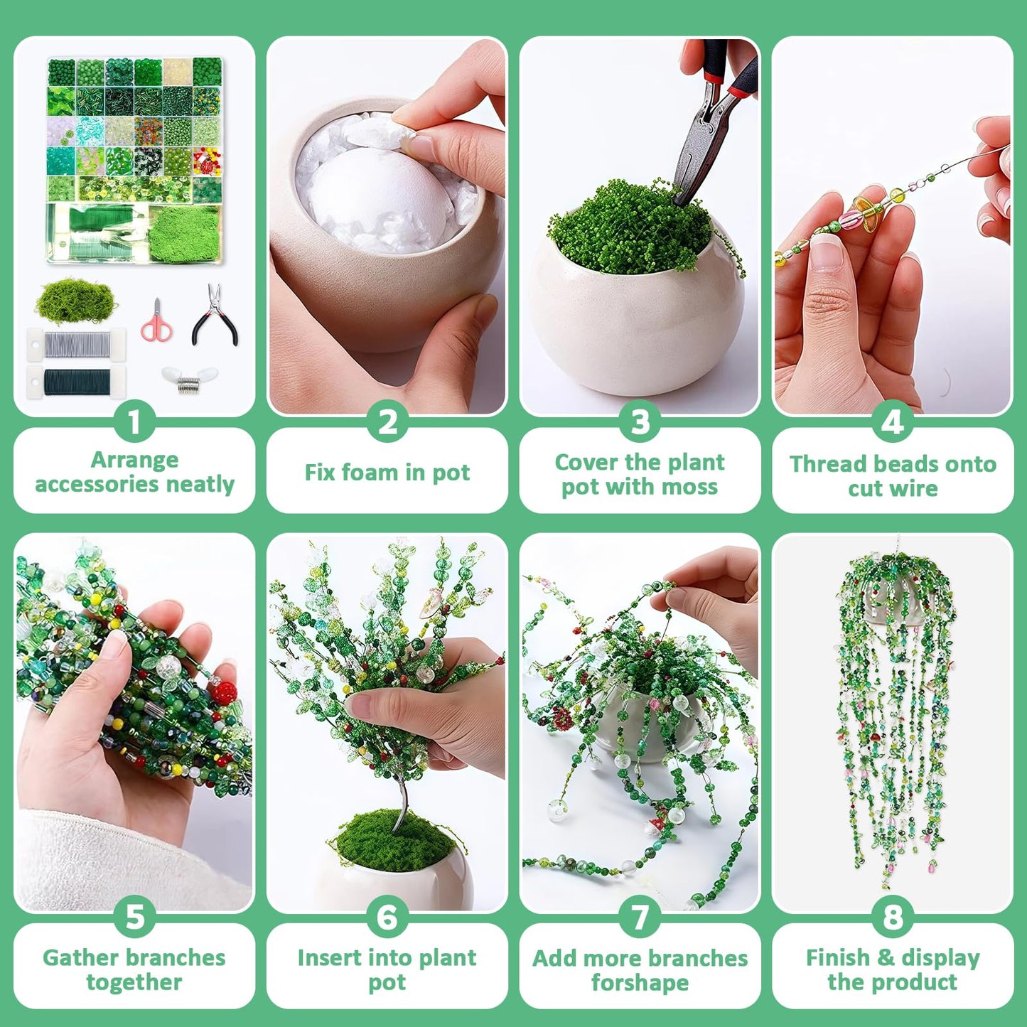 5422PCS Forever Plant Bead Kit, Green Glass Beads for Beaded Plants & Succulent DIY Crafts, Sun Catcher Home Decor Kit with Leaf Flower Beads, Moss, Floral Wire,Bead Stop Clamp (no pot & foam block)