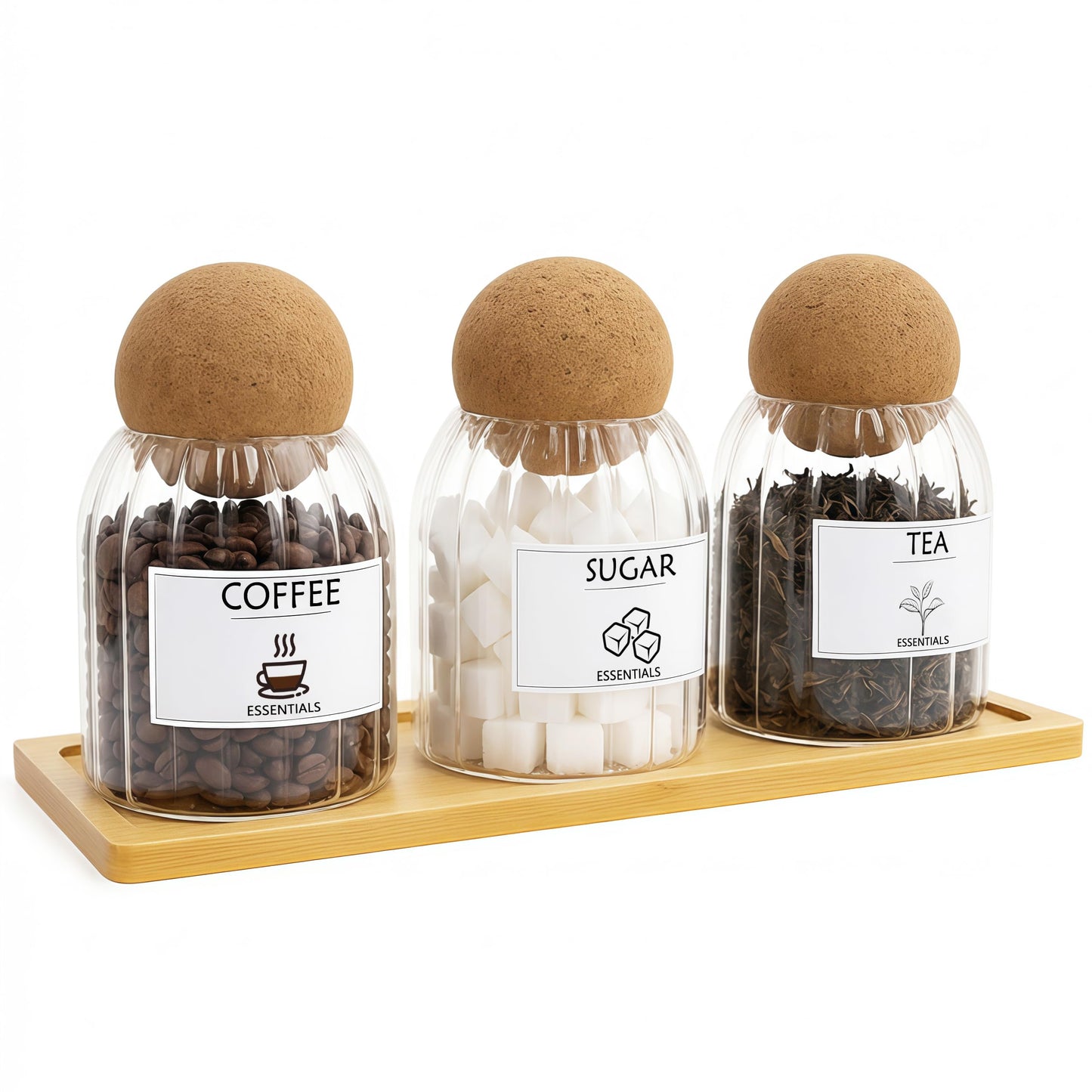 GYOSUGANG Glass Jar Storage Container with Ball Cork, 3PCS Round Glass Canisters with Tray & Labels, Small Glass Jars for Food Sugar Candy Coffee Tea Nuts - Style 2(500ml/17oz)