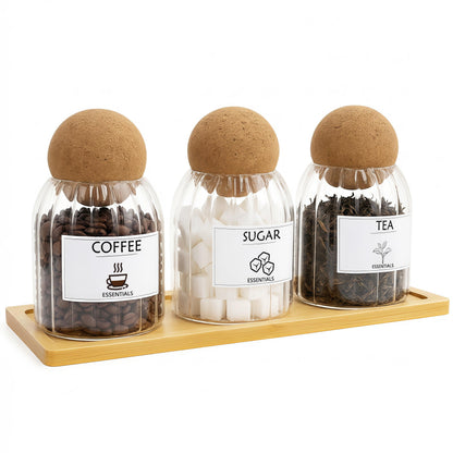 GYOSUGANG Glass Jar Storage Container with Ball Cork, 3PCS Round Glass Canisters with Tray & Labels, Small Glass Jars for Food Sugar Candy Coffee Tea Nuts - Style 2(500ml/17oz)