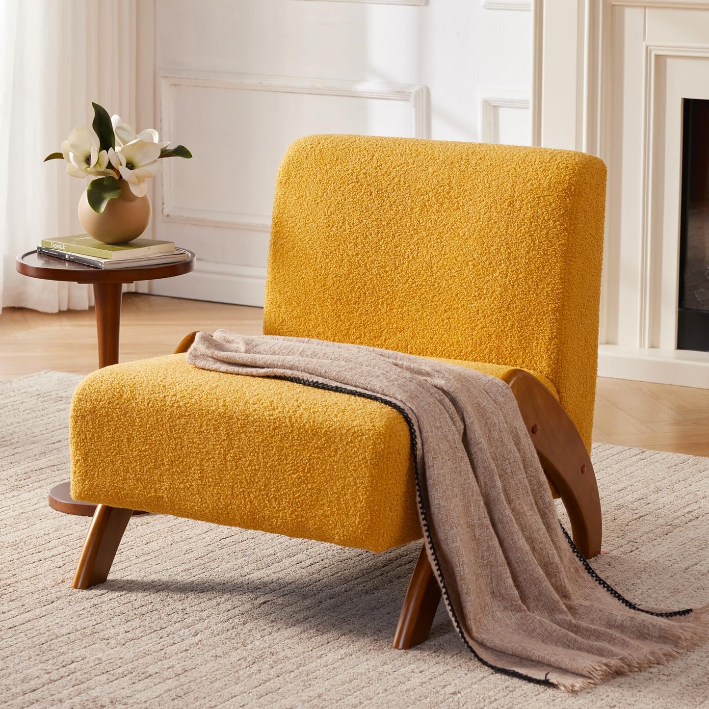 MILCIL Oversized Accent Chair, upholstered armless mid Century Modern Living Room Chair with Wooden Legs for Bedroom/Office/Cafe, Sherpa Yellow
