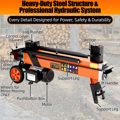 PPOLB 7 Ton Electric Wood Splitter, 15Amp Hydraulic Log Splitter with Detachable Cross Blade Cutting Head, Portable Firewood Splitter, Compact Horizontal Design for Backyard, Garage, Cabin - Orange