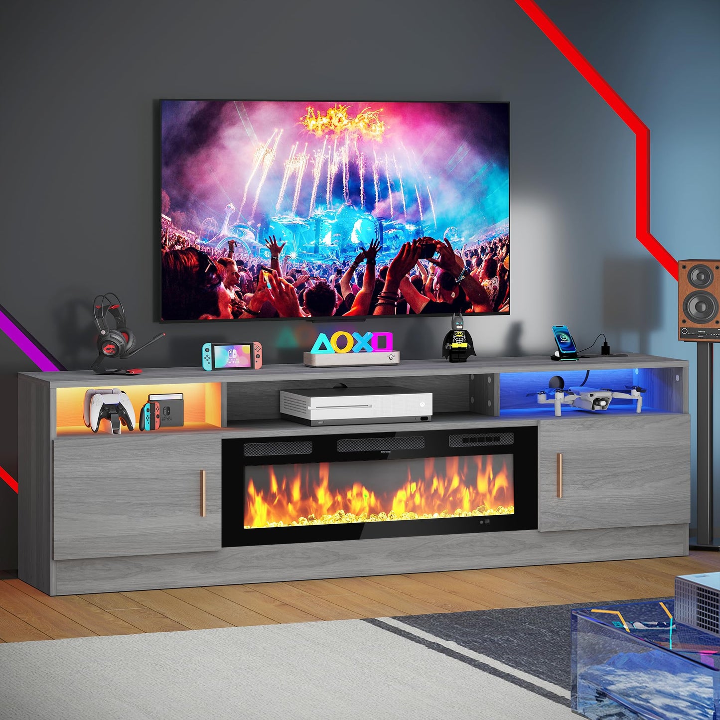MXV 70" Fireplace TV Stand with Power Outlet for TVs UP to 80", Electric Fireplace Entertainment Center with LED Lights & Storage Cabinets, TV Console for Living Room, Office, Grey-Black
