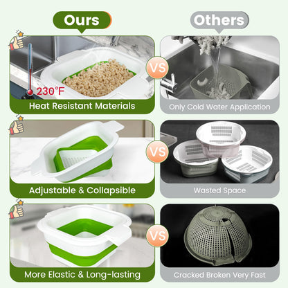 ROTTOGOON Collapsible Colander Set with Strainer Bowl, 2 in 1 Fruit Washing Basket with Strainer, 5 + 3 QT Plastic Colanders for Kitchen, Foldable Double Layered Colanders Bowl for Vegetable, Grey