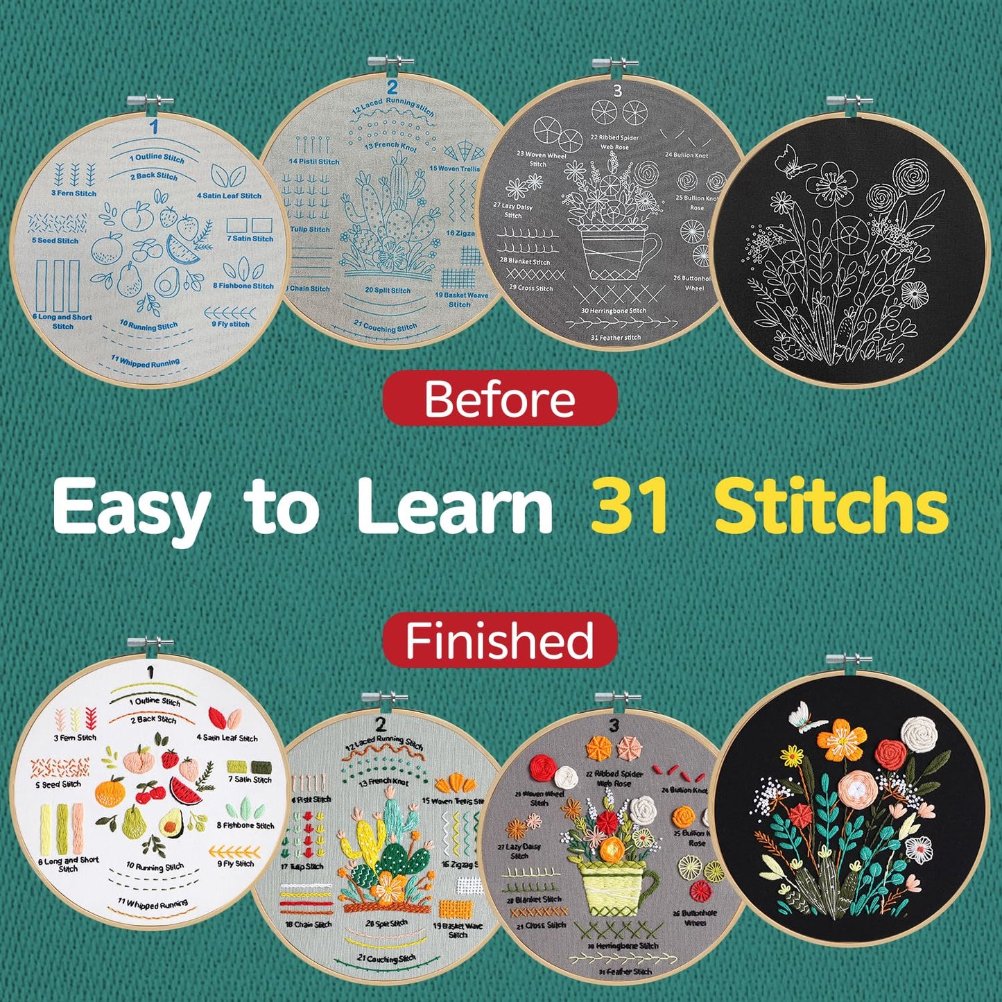 Meyocky Embroidery Kit for Beginners, 4 Pack Starter Embroidery Kits for Adults Learn 31 Stitches with Simple Patterns, Step-by-Step Video Stitch Practice Sampler Kit,Gift for Women Craft Lovers