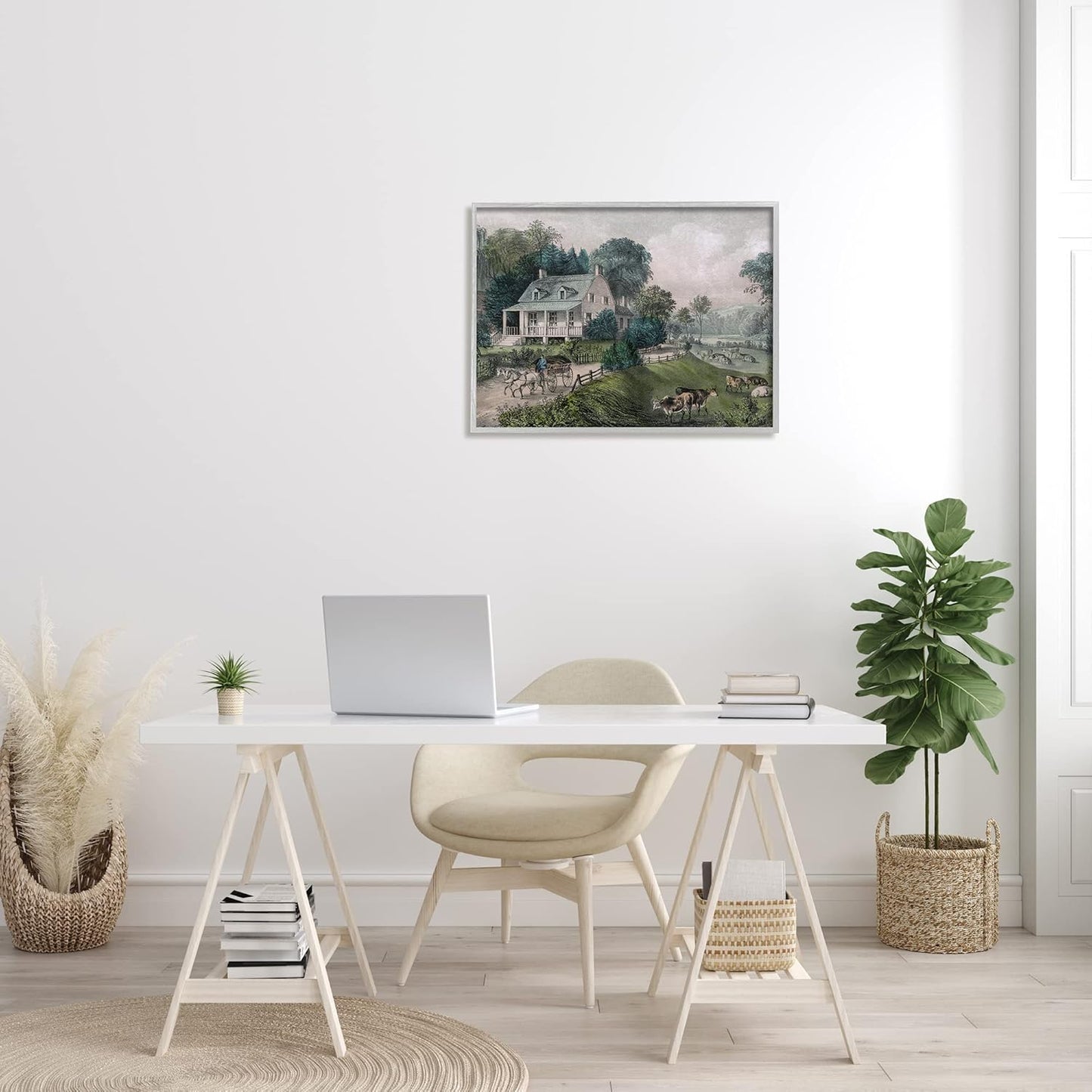 Stupell Industries Classic Countryside House Painting, Roaming Farm Animals Framed Wall Art