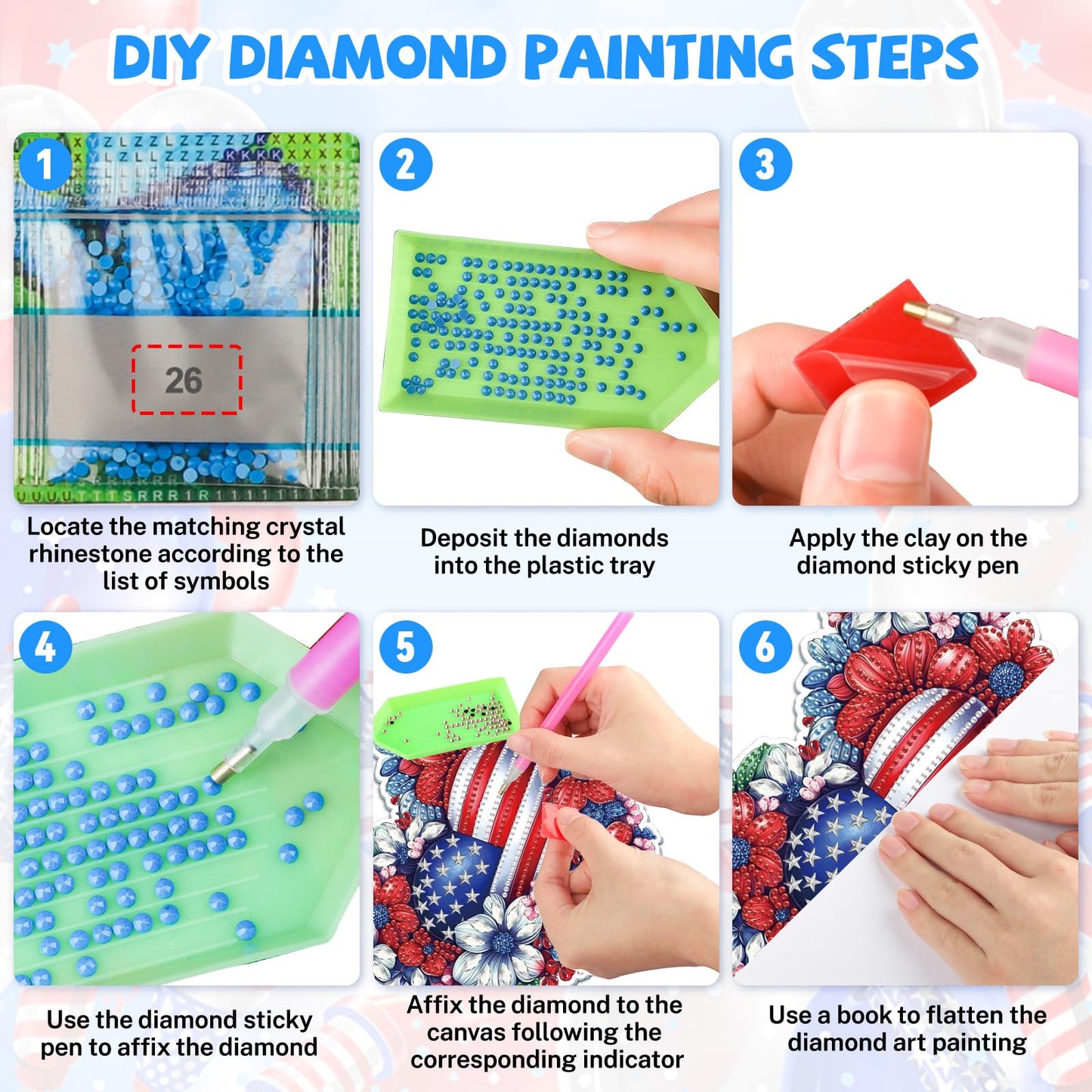 Bowetile 5D Patriotic Diamond Art Hanging Kits for Adults, Diamond Painting Heart Shape Flowers Pendant Kits, Special Shape USA Flag Gem Art Suncatcher Ornament for Home Window Wall Decor