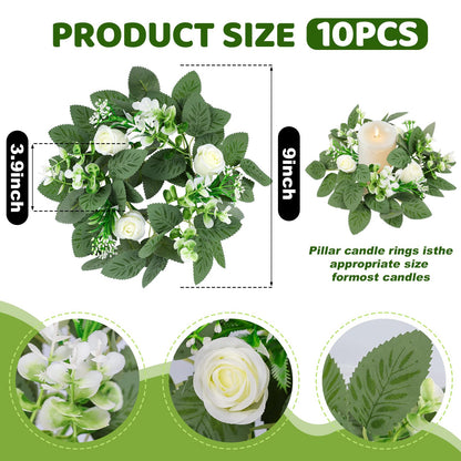10PCS Wedding Rose Candle Rings Artificial Floral Eucalyptus Leaves Wreaths Faux Candle Rings Summer Greenery Candleholders Garland Pillar Holder for Bridal Shower Bachelorette Party Table Decor