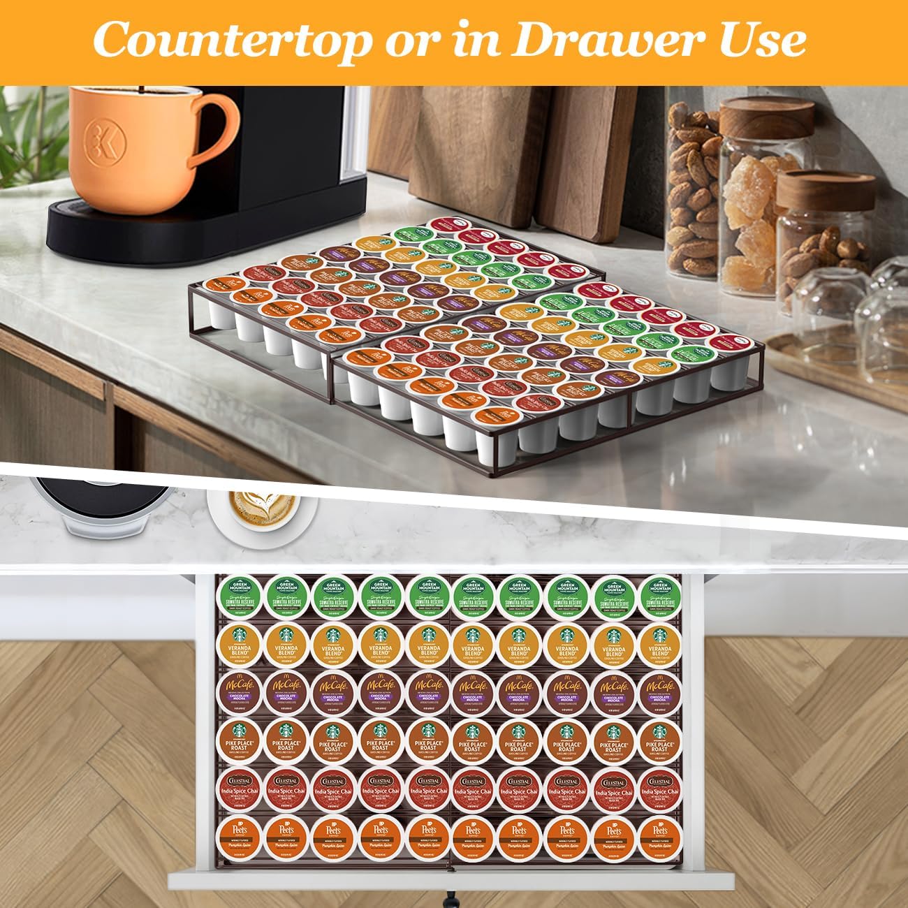 Expandable Coffee Pod Holder Drawer, Compatible with Keurig K-Cup, Holds 35-70 Pods, Organizer for Kitchen, Bronze