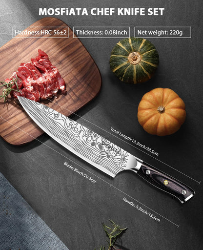 MOSFiATA 8" Super Sharp Professional Chef's Knife with Finger Guard and Knife Sharpener, German High Carbon Stainless Steel EN1.4116 with Micarta Handle and Gift Box