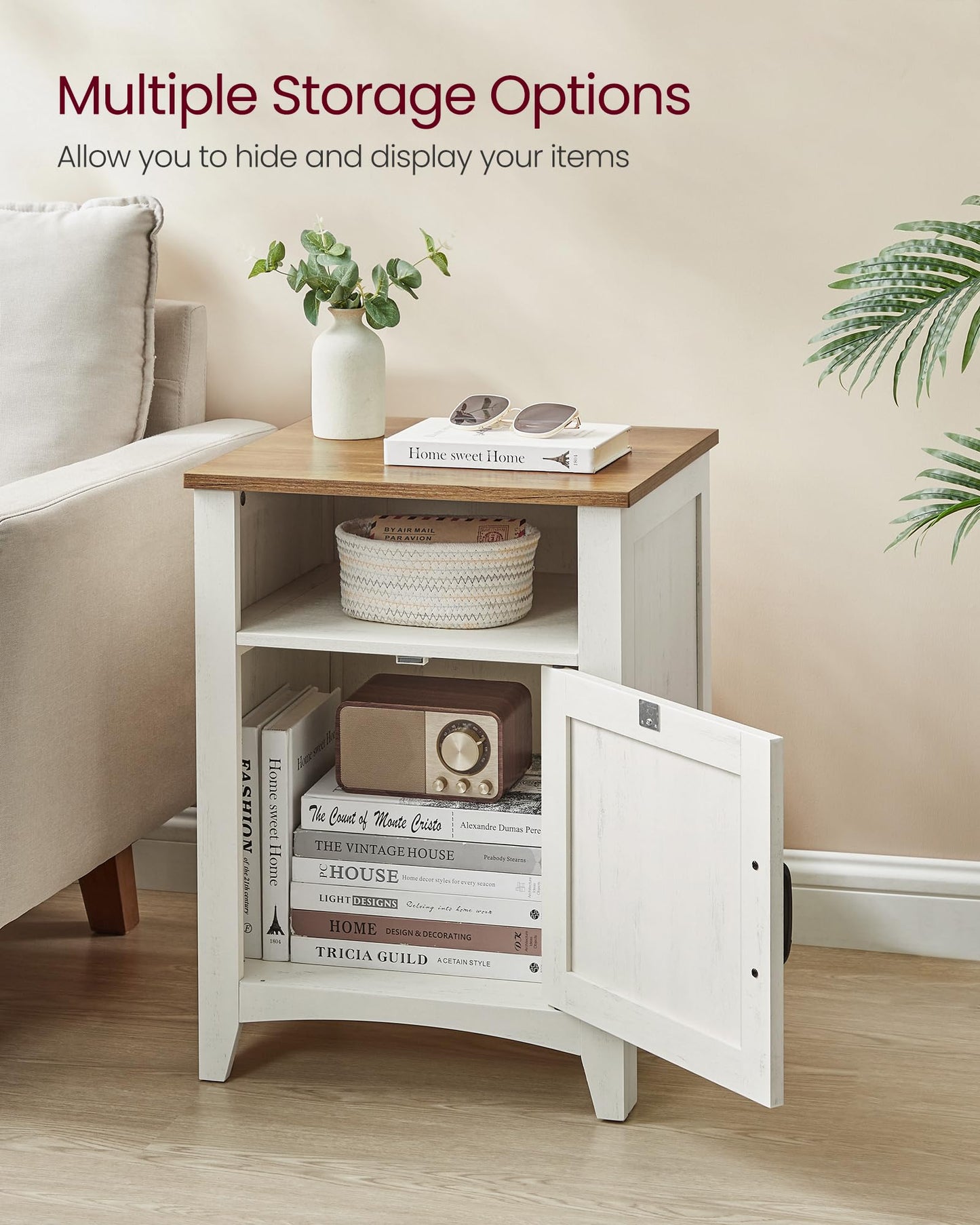 VASAGLE LIRY Collection - Farmhouse Nightstand with Barn Door, Bedside Table with Storage, Side End Table, Night Stand, Open Compartment, for Bedroom, Rustic White and Honey Brown ULET609K41