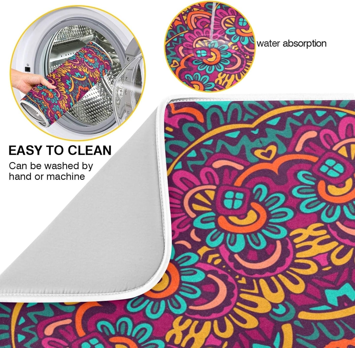 Boho Ethnic Dish Drying Mat - Bohemian Mandala Paisley Kitchen Countertop Mat, 16 x 18 Inch Absorbent