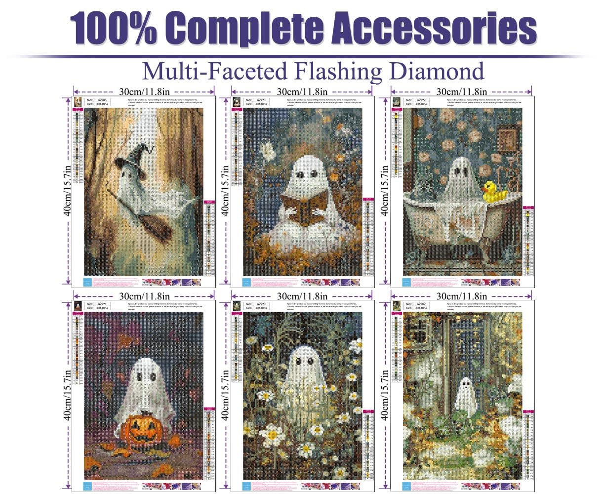 Canrichshop 6 Packs Halloween 5D Diamond Art Painting Kits for Adults,Ghost Diamond Painting Kits for Beginners,Halloween Full Drill Diamond Dots,Gem Art Crafts for Adults Wall Decor 12x16in