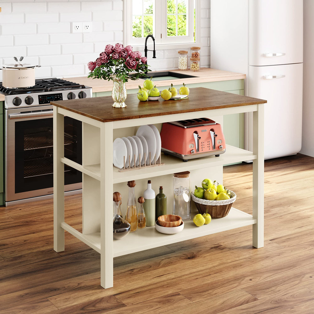 Ball & Cast 45" Solid Wood Rustic Stationary Kitchen Island,with 2 Shelves,Rubber Butcher Block Dining Table w/Shelf Half Full Open Side,for Dorm,Apartment,Walnut