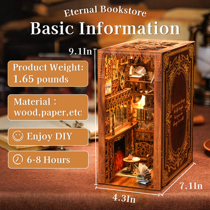 Cutefun Book Nook Kit Library, DIY Miniature Booknook Kit for Adults, 3D Wooden Puzzle Bookend Bookshelf Decor with LED Light & Dust Cover Christmas Crafts Gifts for Book Lovers (Eternal Bookstore)
