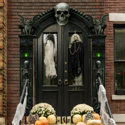 Peryiter 3 Pcs Halloween Cemetery Archway Halloween Skull Cemetery Hanging Banners Gothic Outdoor Banners Sign Banner Spooky Pillar Sign Decorations for Outdoor Party Supplies