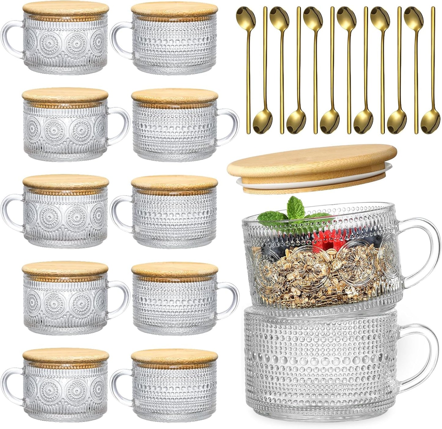 12pcs Set 14oz LANDNEOO Irish Coffee Glasses, Vintage Coffee Mugs, Overnight Oats Containers with Bamboo Lids