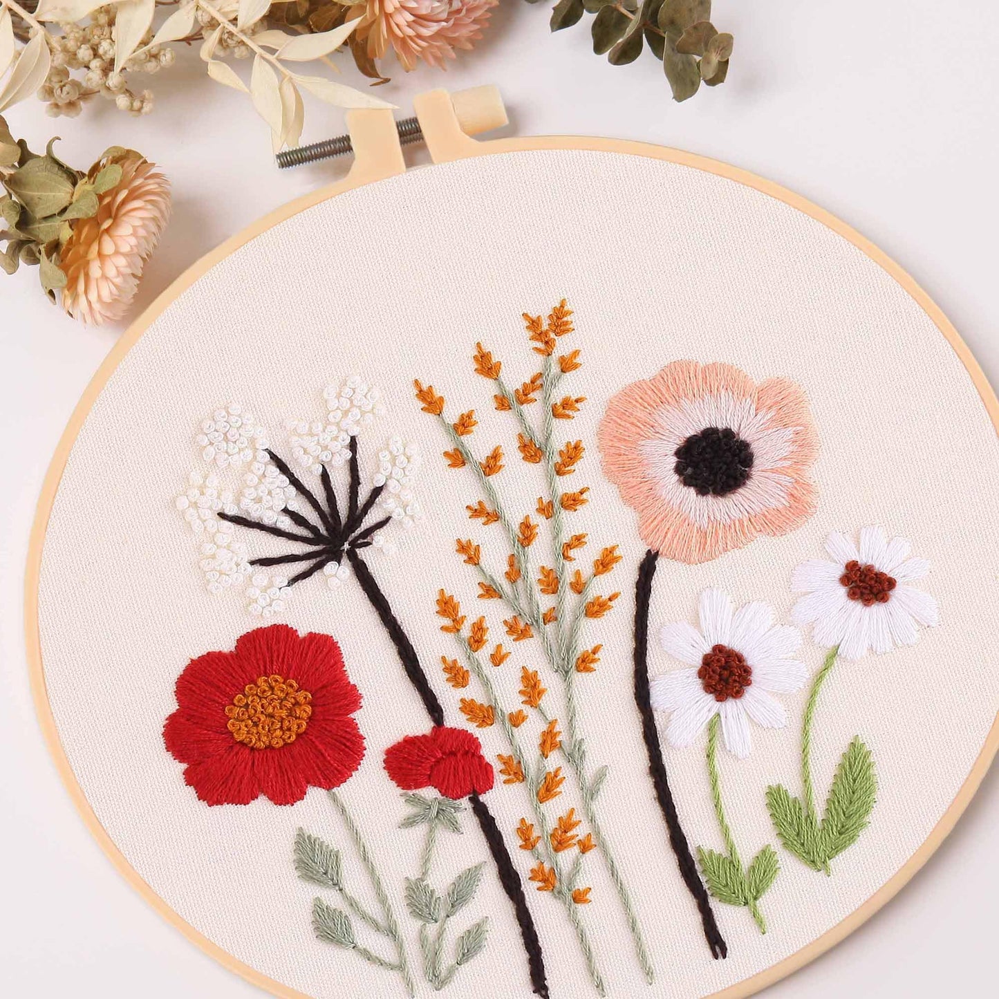 REEWISLY 4ps Embroidery Starter kit with Flowers Patterns and Instructions, DIY Adult Beginner Cross Stitch Kits, Including 2 Plastic Embroidery Hoop, 1 Pair of Scissors, Colored Threads and Needles