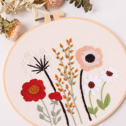 REEWISLY 4ps Embroidery Starter kit with Flowers Patterns and Instructions, DIY Adult Beginner Cross Stitch Kits, Including 2 Plastic Embroidery Hoop, 1 Pair of Scissors, Colored Threads and Needles