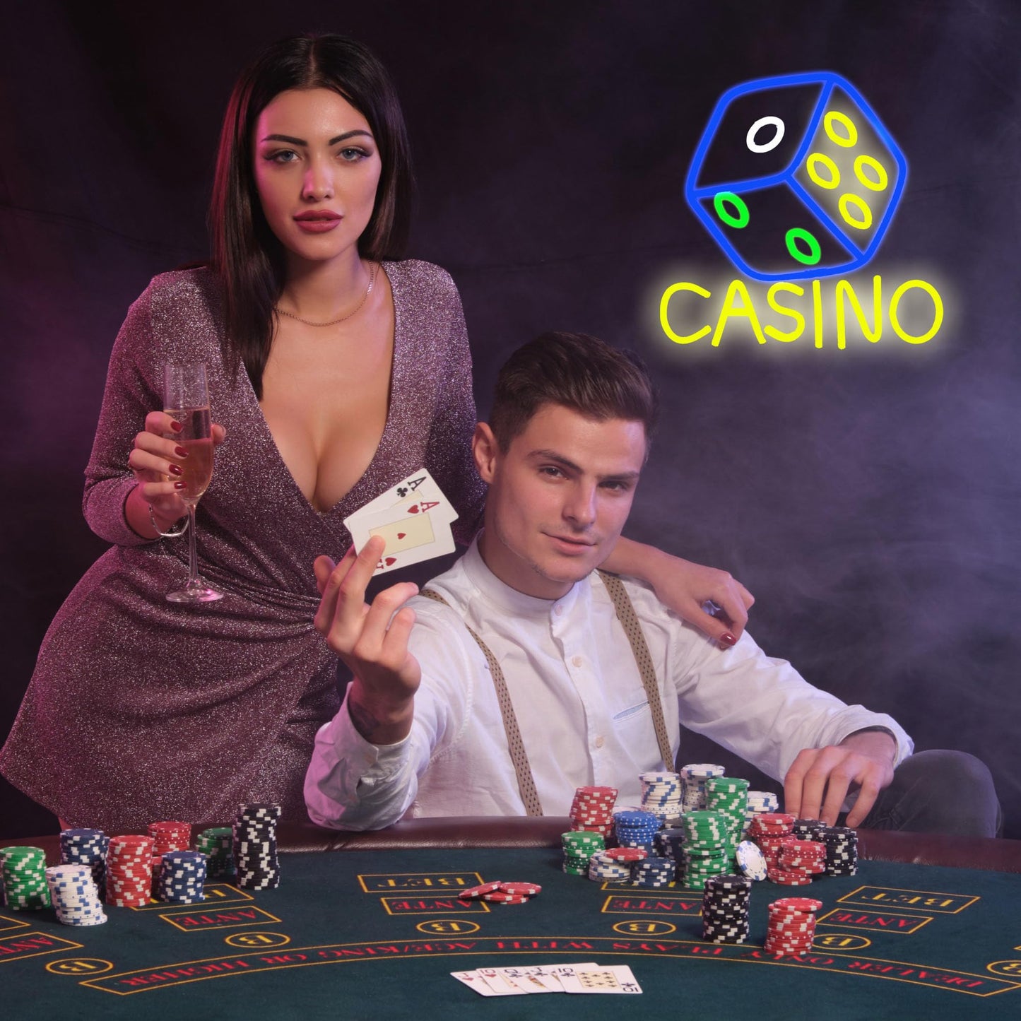 Casino Neon Sign Dimmable Dice Neon Sign Wall Decor Gift for Casino Bar Bedroom Game Room Man Cave Casino Party 13.6 * 12.8 Inch