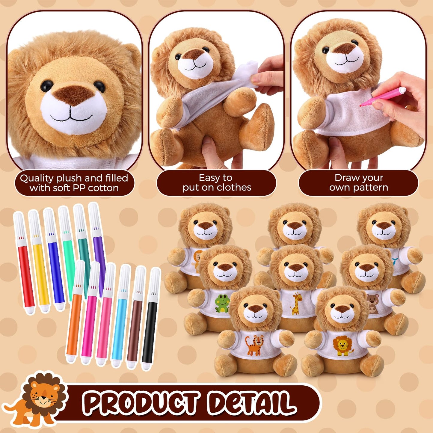 Blueweenly 64 Pcs Make Your Own Stuffed Animal Lion Kit Including 6 Inches Soft Lion Plush with White T Shirt and 12 Colors Pens for Birthday Favors Forest Party Crafting Gifts
