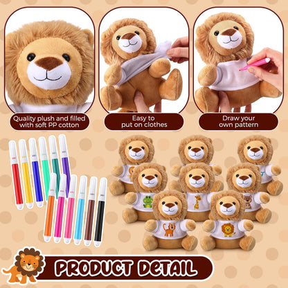 Blueweenly 64 Pcs Make Your Own Stuffed Animal Lion Kit Including 6 Inches Soft Lion Plush with White T Shirt and 12 Colors Pens for Birthday Favors Forest Party Crafting Gifts