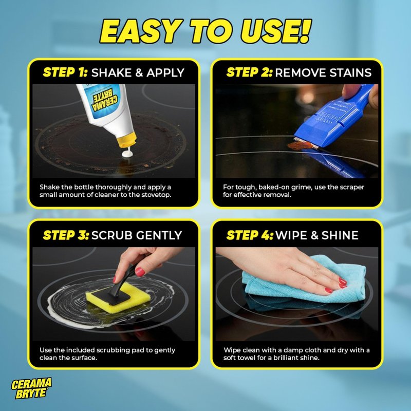 Cerama Bryte Glass Cooktop and Stove Top Cleaner Combo Kit - Includes Cleaning Tool, Razor, Scraper and 3 Pads to Remove Tough Stains - Use on Gas, Electric, Ceramic Surfaces, 10 Ounces, 6 Piece