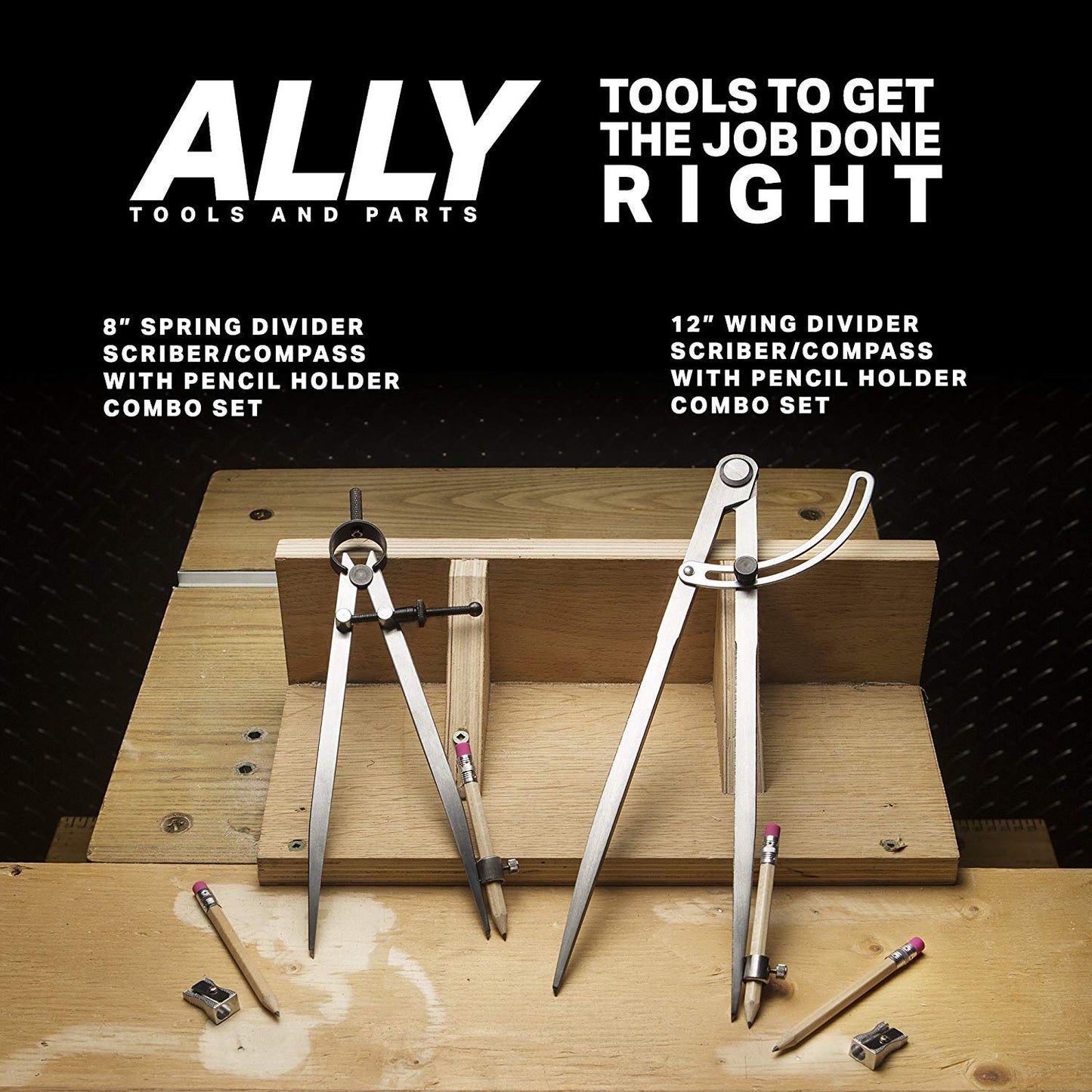 ALLY Tools 8 Inch Precision Locking Spring Divider/Woodworking Compass with Pencil Holder INCLUDES Two Pencils and Pencil Sharpener Ideal for Drawing, Drafting, Carpentry