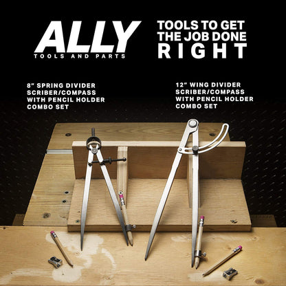 ALLY Tools 8 Inch Precision Locking Spring Divider/Woodworking Compass with Pencil Holder INCLUDES Two Pencils and Pencil Sharpener Ideal for Drawing, Drafting, Carpentry