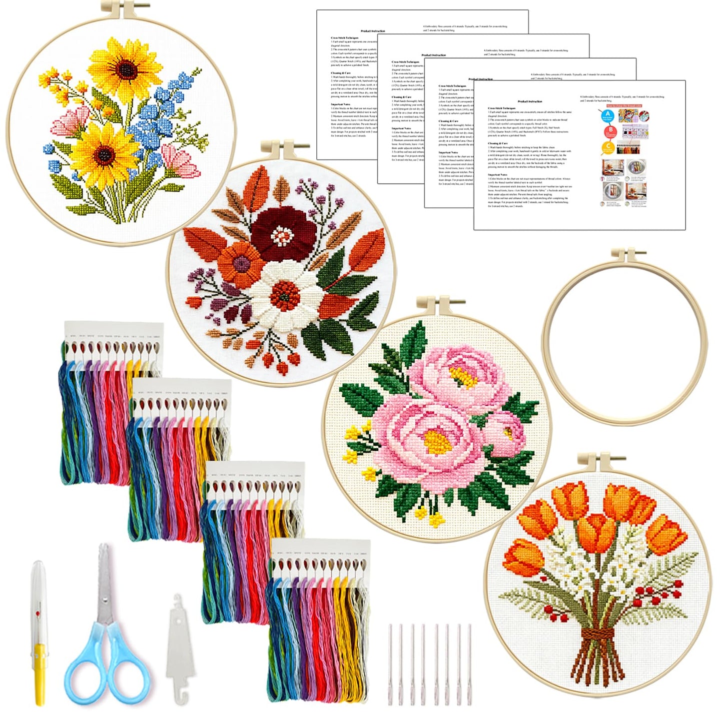 Zhenqing 4-Piece Floral Cross Stitch Kit for Beginners - Complete Set with Pre-Printed 11CT 24x24cm Fabric, Hoop, Threads & Tools (Sunflower, Peony, Tulip Designs)(70362)