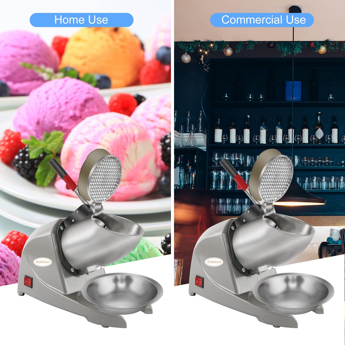KOFOHON Electric Ice Shaver, Shaved Ice Machine, Especially for Home Use Ice Crusher, Dual Stainless Steel Shaving Blades, Double Covers,176lbs per hour,300W/1440rpm,Upgraded Version.