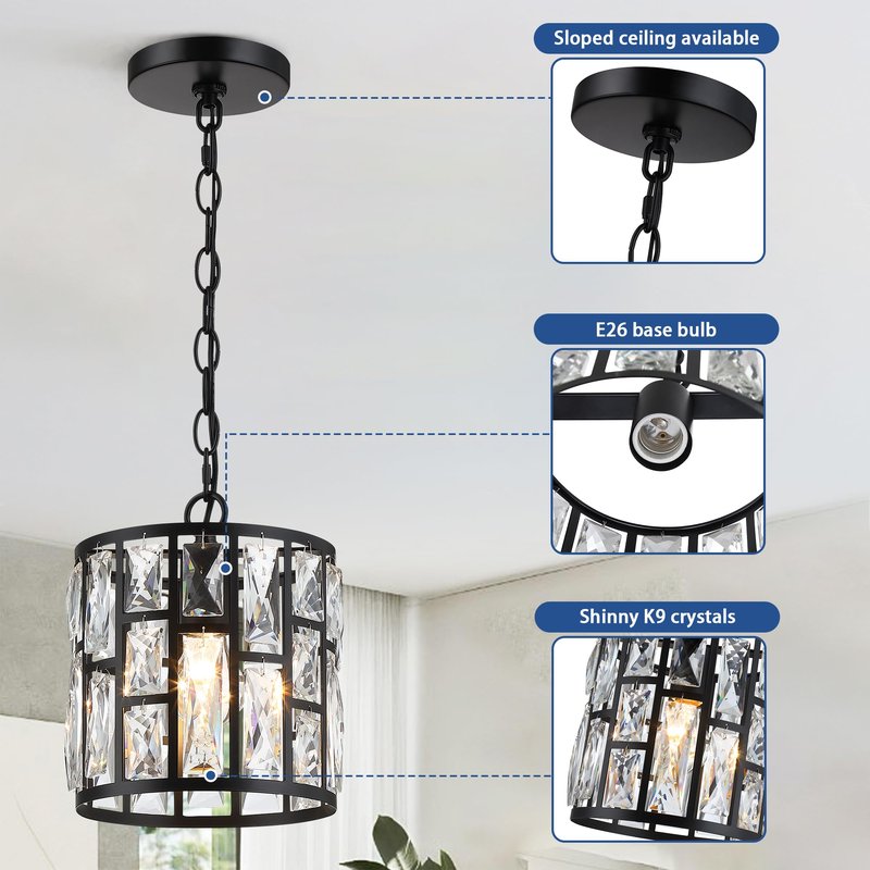MEXO Modern Crystal Pendant Light,Black Chandelier Light Fixture, Cylinder Adjustable Height Pendant Lights for Kitchen,Dining Room,Living Room,Foyer,Hallway