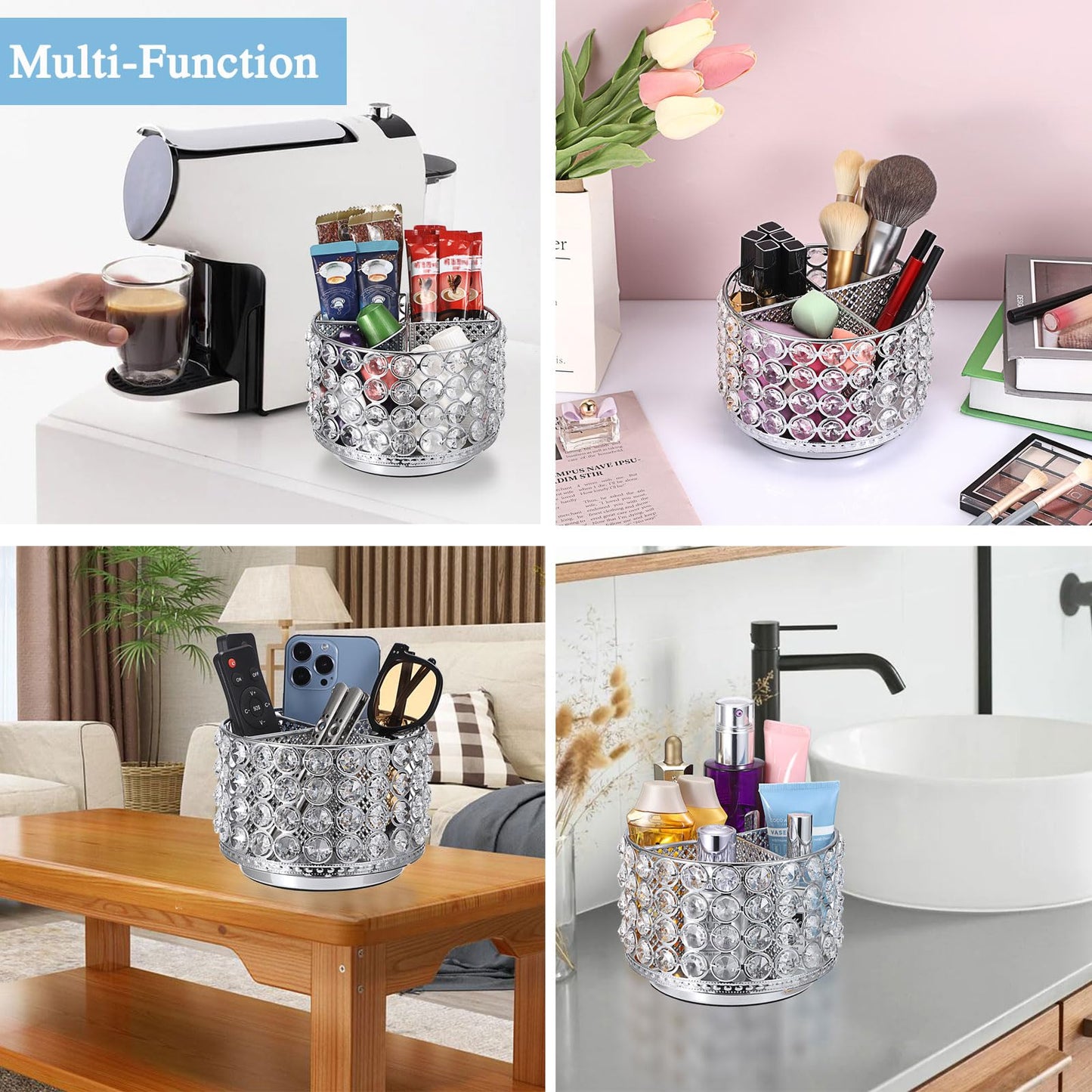 Hipiwe Crystal Vanity Organizer Makeup Brush Holder- 360 Rotating Cosmetic Brushes Display Organizers Spinning Remote Control Holder Bathroom Storage Organizer for Eyebrow Pen Pencil,Silver 4-Slot