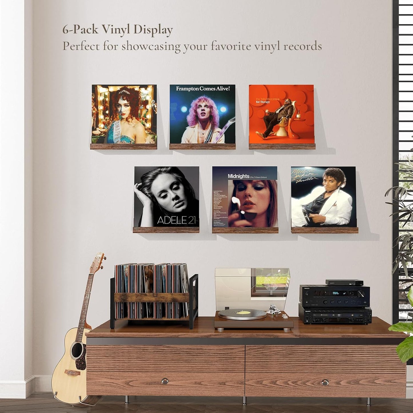 12 inch Album Pack 6 Vinyl Record Shelf Wall Mount, Wooden Record Holder Display, of Floating Shelves for Wall