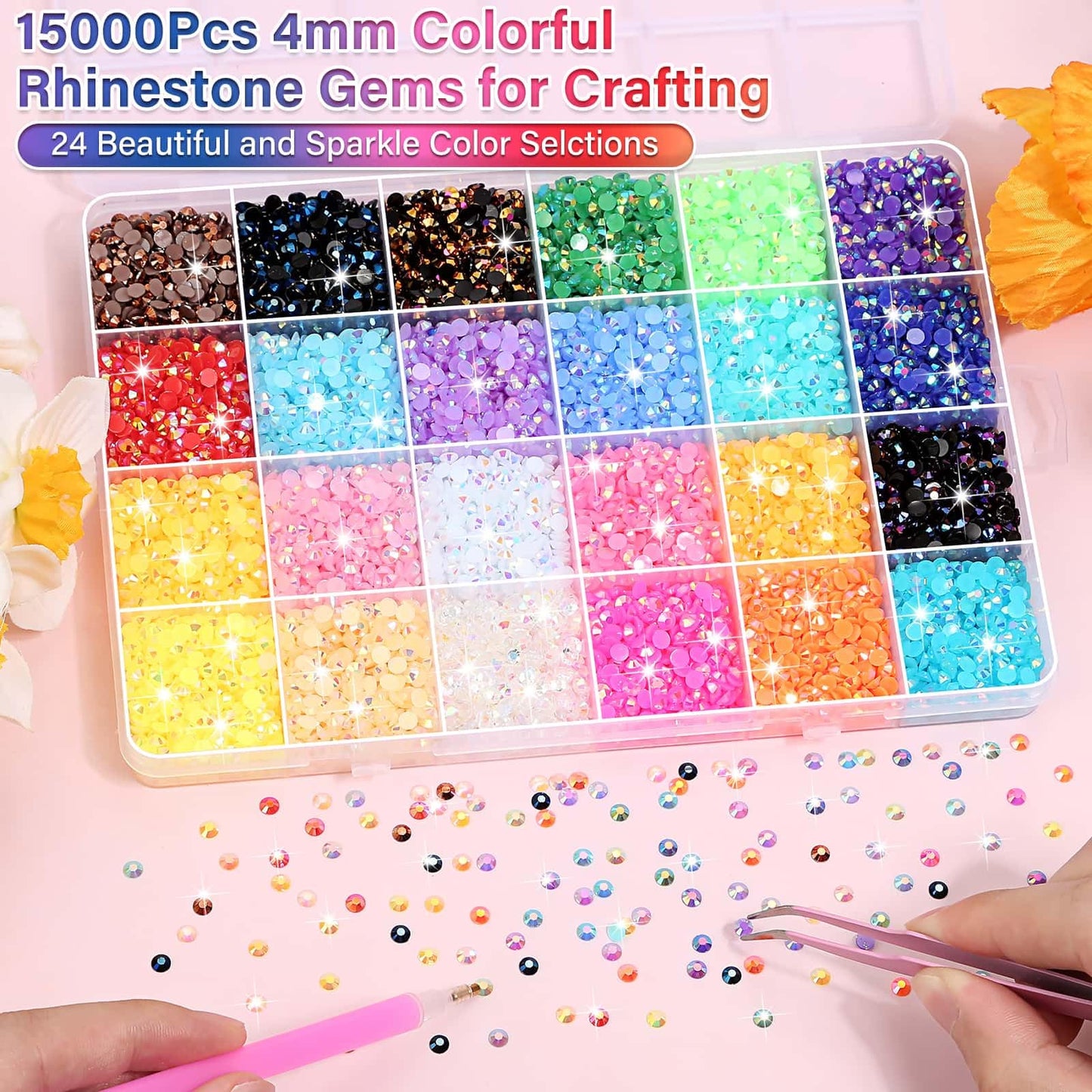 40000Pcs Resin Rhinestones with B7000 Jewelry Glue for Bedazzling Crafting, Rainbow Crystals Flat Back Gems with Craft Adhesive for DIY Graduation Cap Clothes Tumblers Shoes Nails and Face