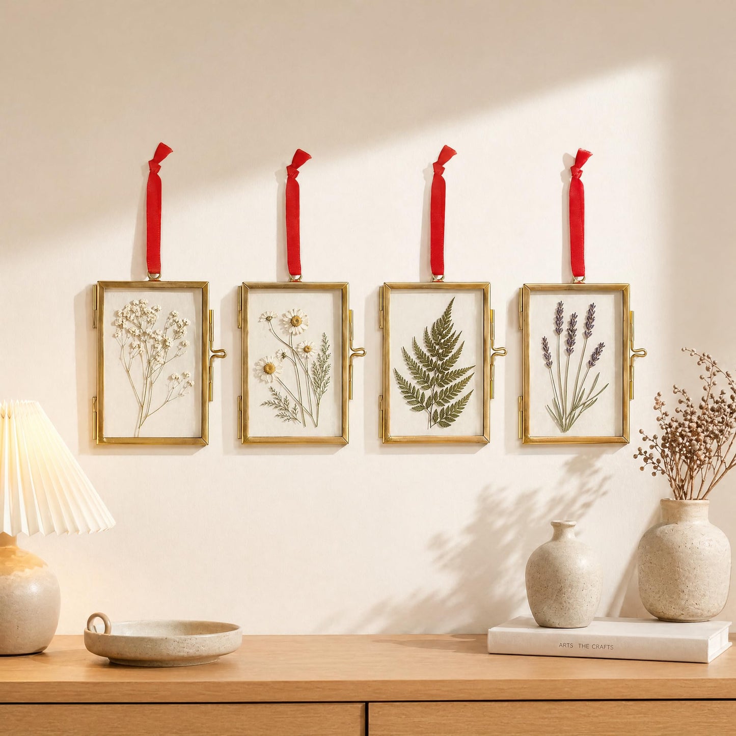 Pressed Flower Frames with Tweezers,Wall Hanging Double Glass Frames 2x3 with Red Ribbon for Dried Flowers Plants,Floating Photo Frame for Display Gallery Artwork, Horizontal Vertical,Golden, 4 Pack