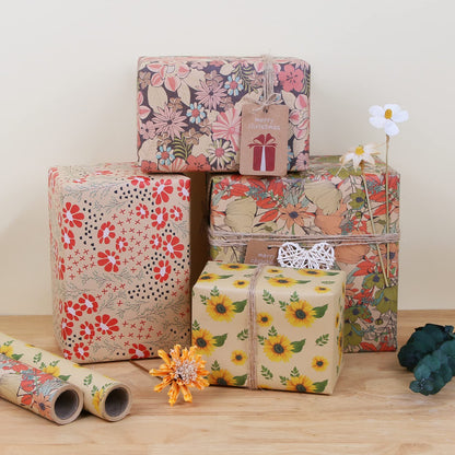 Aimyoo Kraft Floral Wrapping Paper Bundle, Vintage Spring Flowers Rose Gift Wrap Paper for Wedding Bridal Shower Birthday, 3 Rolls 17 in x 10 ft per Roll
