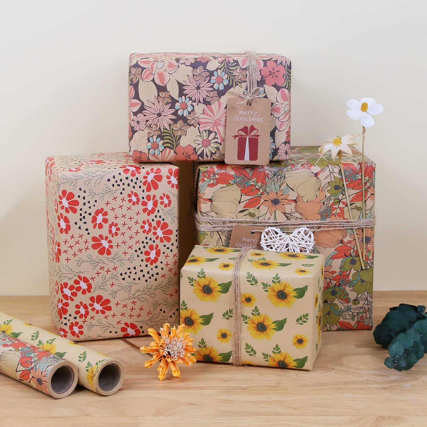Aimyoo Kraft Floral Wrapping Paper Bundle, Vintage Spring Flowers Rose Gift Wrap Paper for Wedding Bridal Shower Birthday, 3 Rolls 17 in x 10 ft per Roll