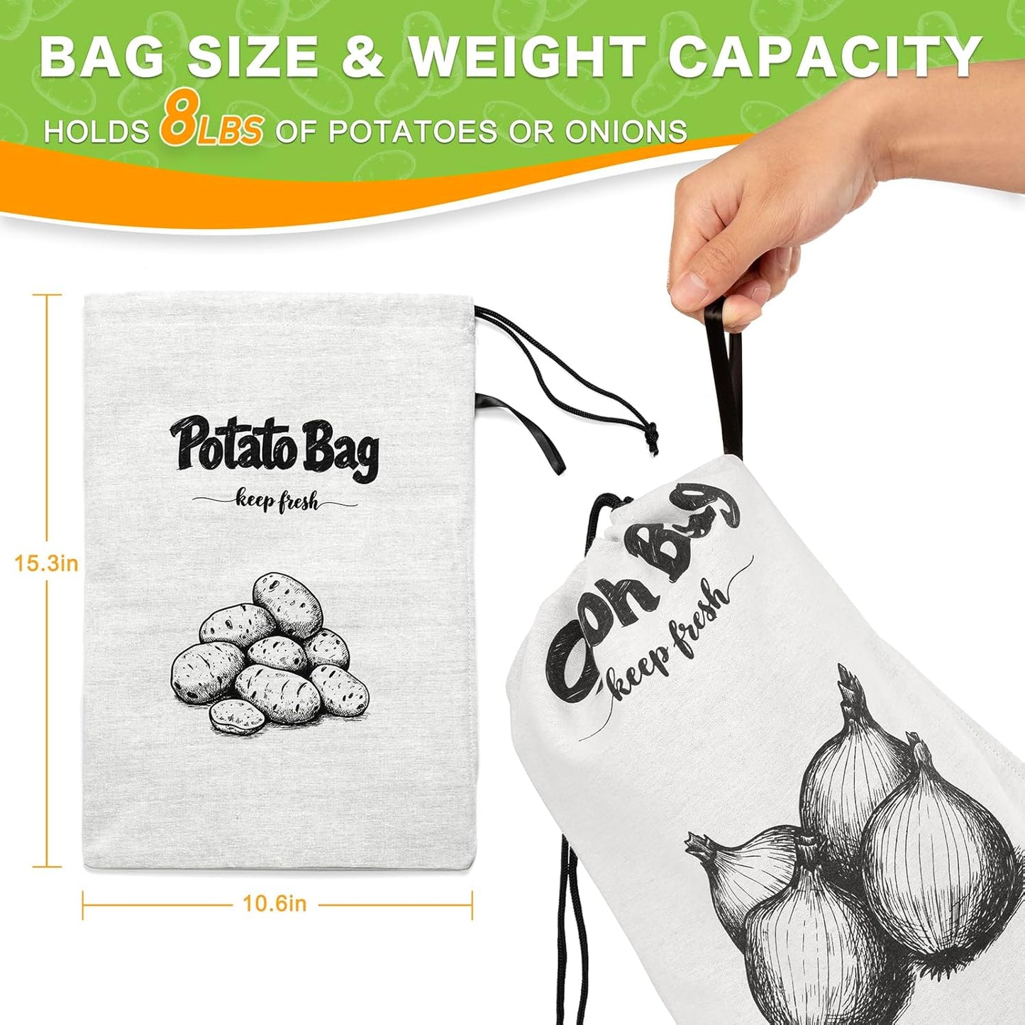 8-Pound 16"x11.4"(2Pack) Onion Bag, Potato Bag, Vegetable Storage Bags, Reusable Potatoes Storage Bags