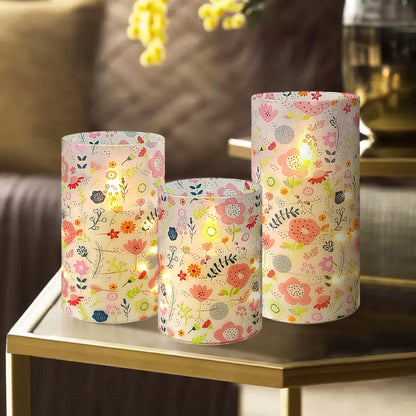 NjaoHoo Floral Flickering Flameless Candles, Recessed String Light LED Candles 3D Wick Acrylic Battery Operated LED Pillar Candles with Remote and Timer for Spring Decor Set of 3(Cute Floral)