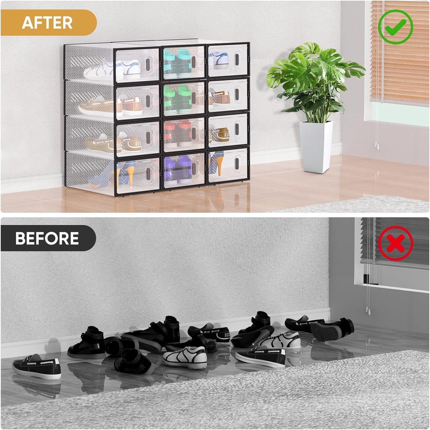 12 Pack 9, BALEINE Stackable Shoe Storage Boxes Fit Size Thickened Clear Shoe Box Bins with Lids, Plastic Foldable