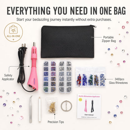 Worthofbest Hot Fix Rhinestone Applicator Tool Kit, 3400Pcs 3/4/5mm Glass Hotfix Rhinestones, Rhinestone Setter with 6 Tips Stand Zipper Bag Tweezers Gem Picker for DIY Clothing Fabric Crafts