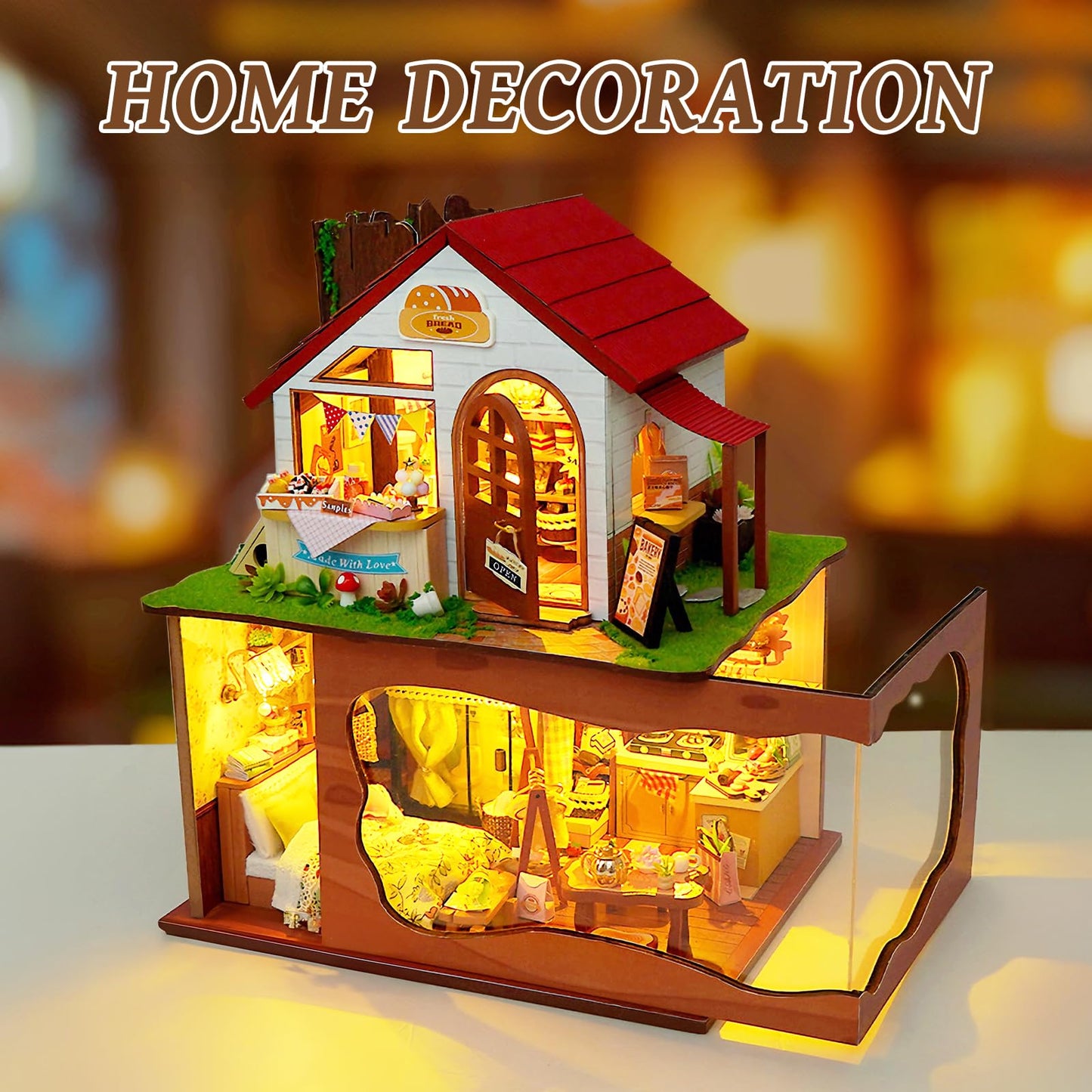 Foyucool Miniature House Kit, DIY Dollhouse Kits with Lights and Dust Cover, The for Family & Friends, Creative Craft Kit with Two-Story Bakery & Forest Basement