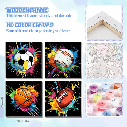bleihum 4 Pack Paint by Numbers Kit for Kids with Frame Wooden Easel, Easy Paint by Number Kids Sports, DIY Acrylic Oil Football Painting by Numbers for Home Wall Decor 8x8 Inch