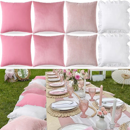 Yuntau Pink 8 Pcs Picnic Pillow Covers Only 18x18 Inch Boho Aesthetic Throw Cushion Cases Luxury Picnic for Summer Birthday Bachelorette Tea Party Brunch Beach Backyard Bed Sofa Decor