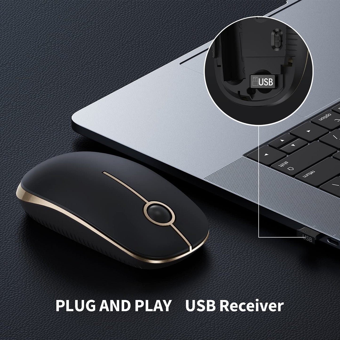 Vssoplor Wireless Mouse, 2.4G Slim Portable Computer Laptop Mouse with Nano Receiver Quiet Silent Optical Mice for Notebook, PC, Laptop, Computer-Black and Gold