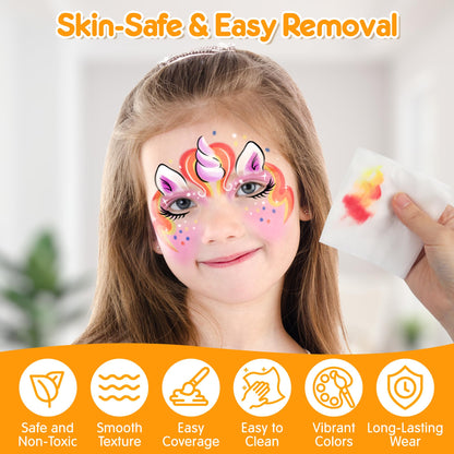 Mocoosy 41 Color Face Painting Kit for Kids, Non-Toxic Water Activated Face Paint Palette With Stencil, Brushes, Gem, Professional Body Makeup Kit for Cosplay Party, Carnival, Birthday, Costume Party