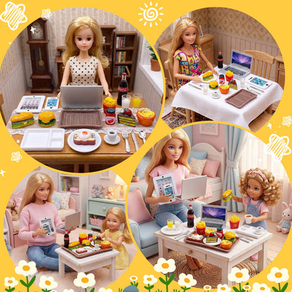 20Pcs Miniature Laptop Computer Tablet Toy Phone Pad and Hamburger Fries Cola Fast Food Cake Coffee Juice Fits Barbie Doll Accessories Scale Dollhouse Playsets Girl Mini Drink Food Party
